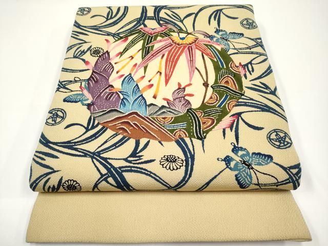 平和屋本店□極上 本場琉球紅型 九寸開き名古屋帯 紬地 花唐草文 薄香