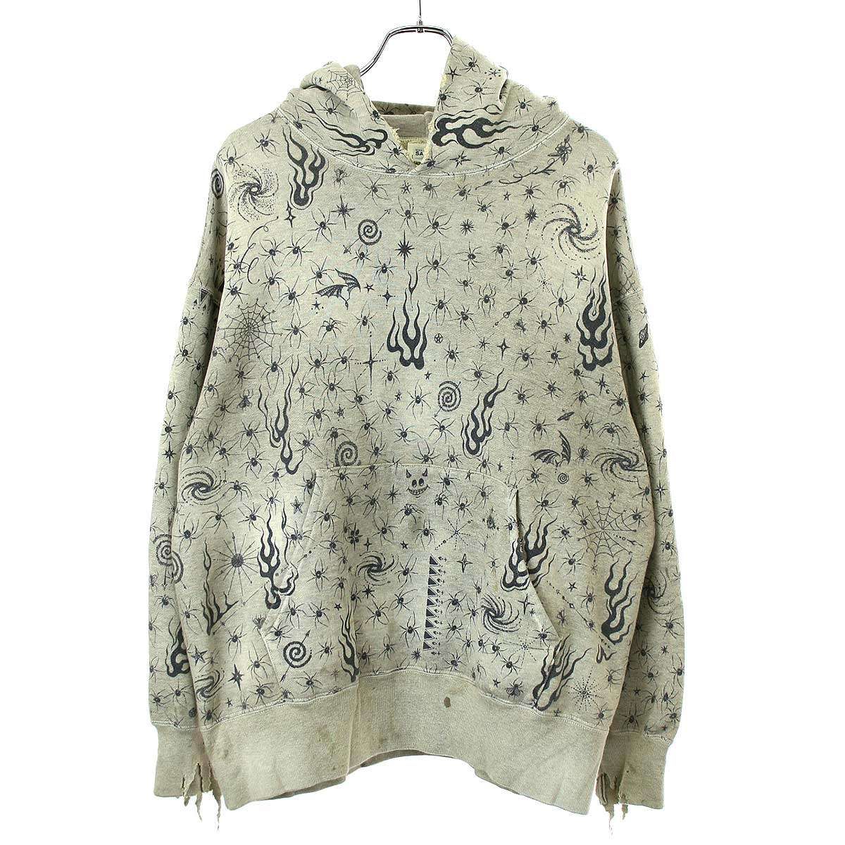SAINT MICHAEL×Dr. Woo セントマイケル×ドクターウー 25SS DW_HOODIE 加工スウェットプルオーバーパーカー SM-HR8-0000-C42 グレー L