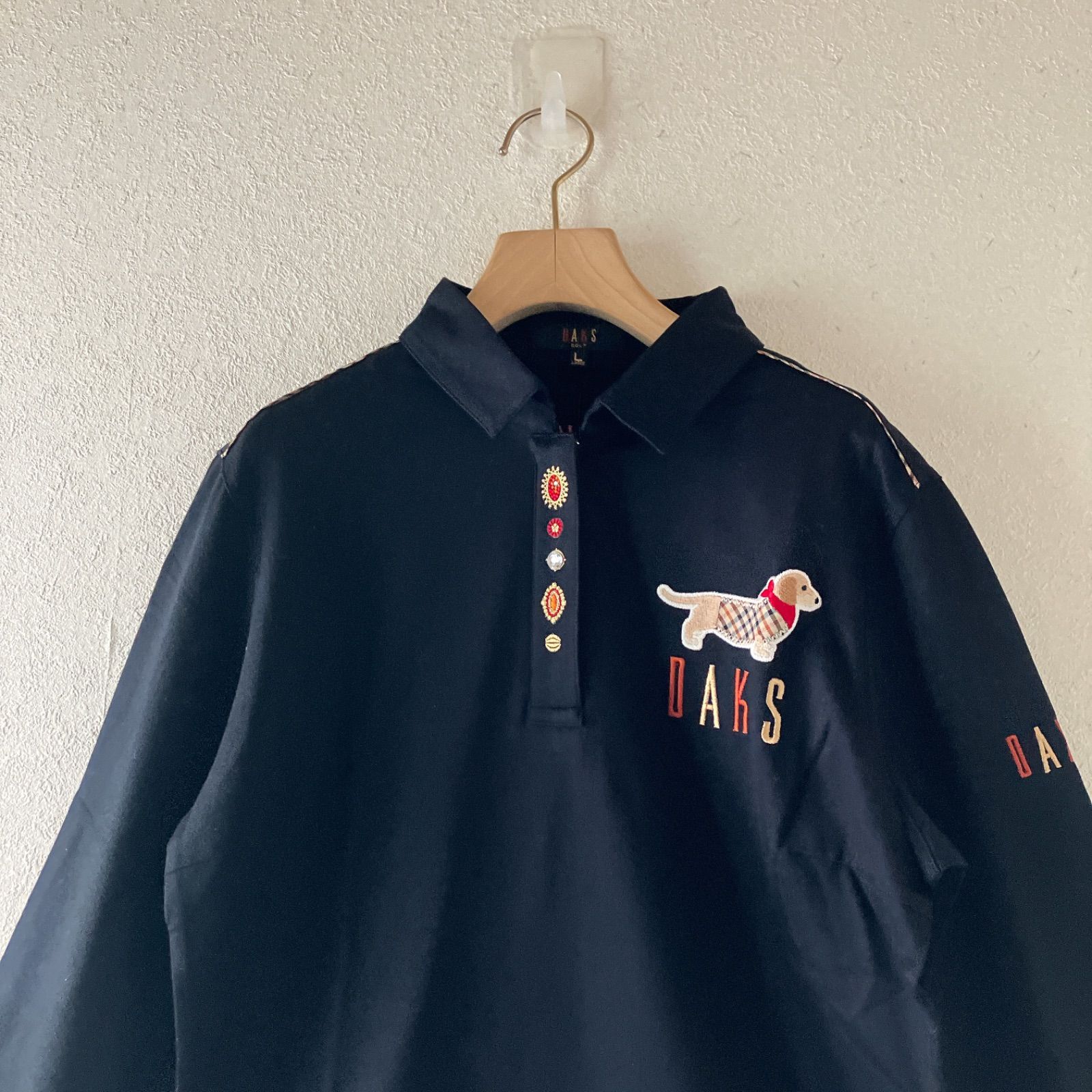 新品★DAKS GOLF ダックスゴルフ　オンワード　ポロシャツ　Lサイズ DAKS-GOLF ダックスゴルフ ダックスフント柄 犬 ドッグ dog 刺繍