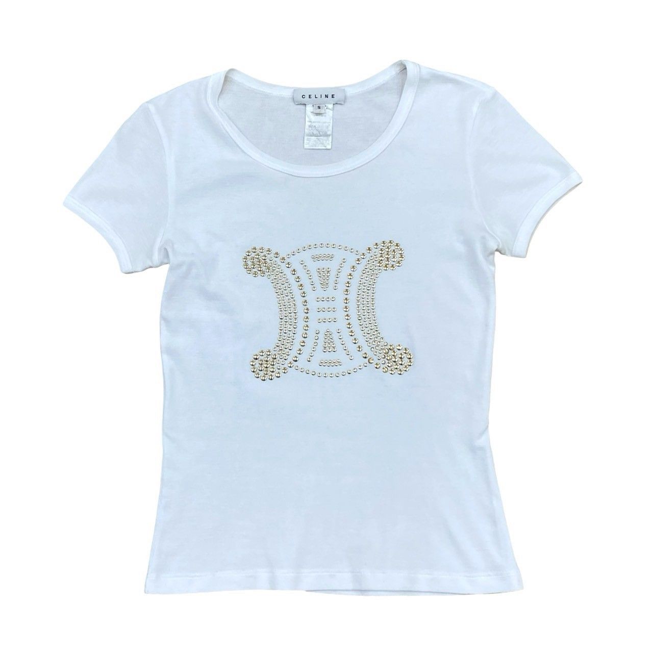  CELINE セリーヌ マカダム ロゴ スタッズ コットン 半袖 Ｔシャツ Sサイズ トップス レディース ホワイト 32519 アンサンブル トップス