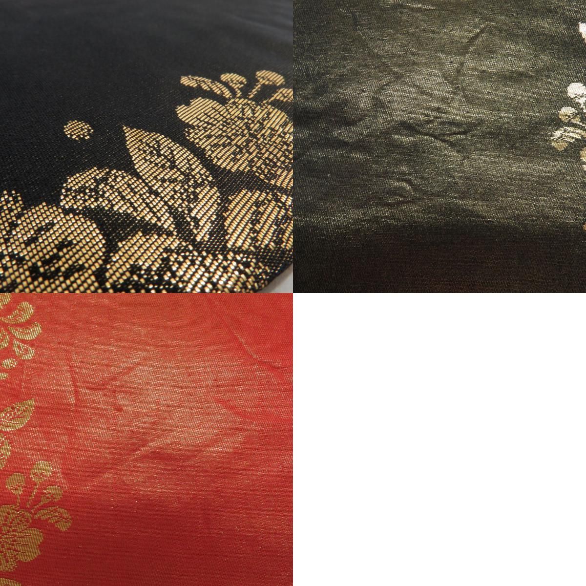 袋帯 振袖用 絹 波に桜紋様 ゴールドxブラックxホワイト 金糸銀糸 六