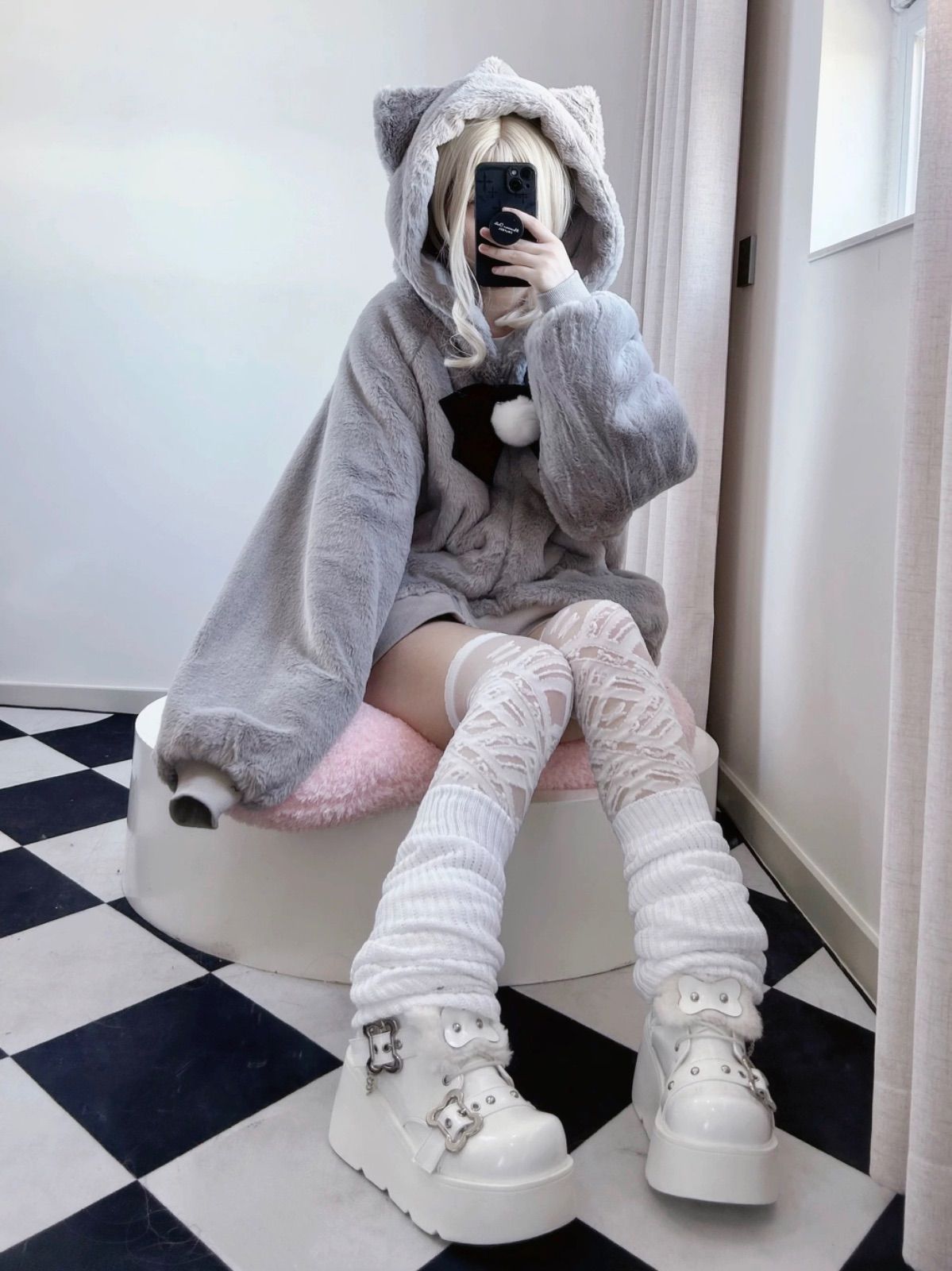 グレー ホワイト 猫耳フード付き パーカー サブカル 服 秋 春 フード付き ジャージ パーカー 地雷系 量産型 ロリータ 天使界