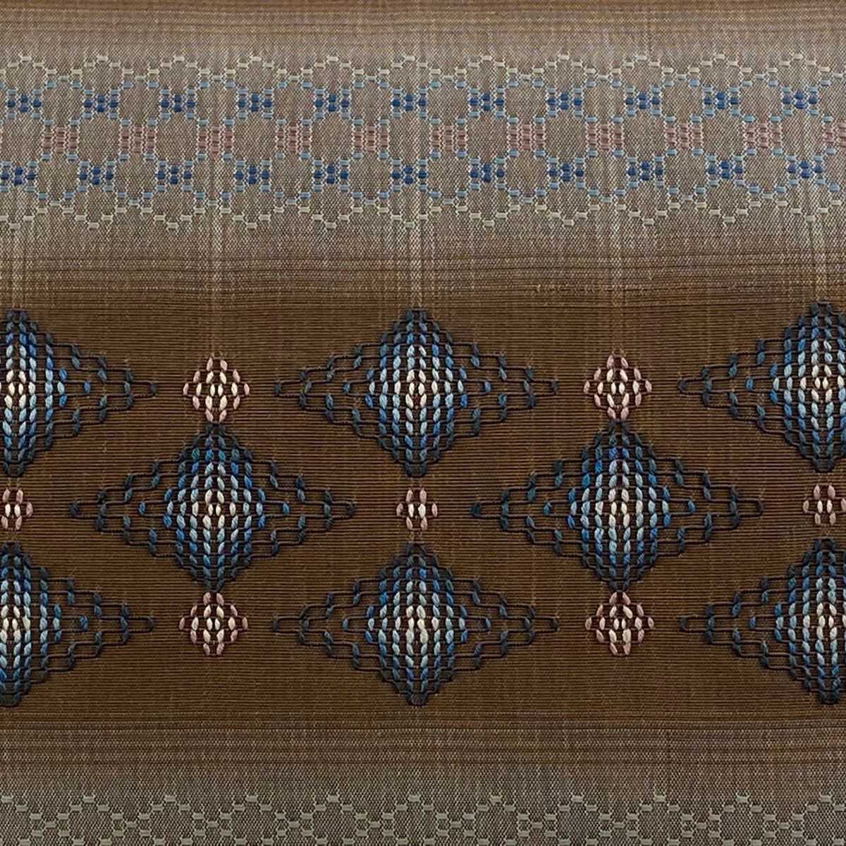 名古屋帯 紬地 菱 幾何学模様 薄小豆 正絹