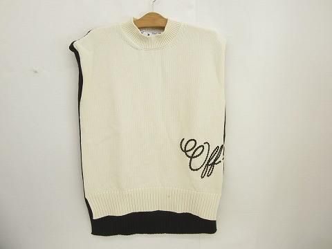 オフホワイト OFF-WHITE ニットベスト ロゴ 38 ホワイト×ブラック ゆったりサイズ レディース