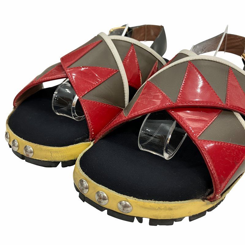 【MARNI】関税込☆ビーズ付 レザー フラット サンダル レッド マルニ MARNI FUSSBETT フスベット クロスレザーサンダル
