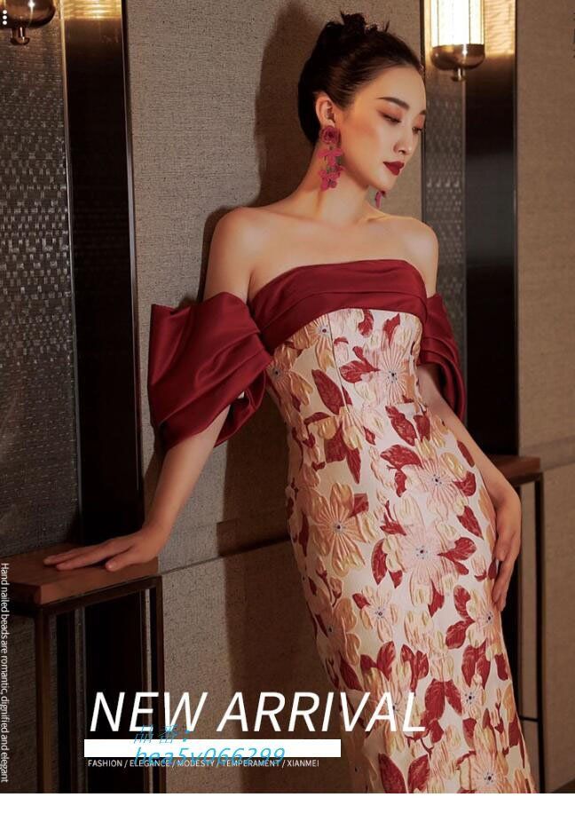 イブニングドレス ビスチェドレス オフショルダー 花柄 オシャレ マーメイドライン マーメイドドレス 二次会ドレス 結婚式ドレス ワインレッド ロングドレス hea5v066299