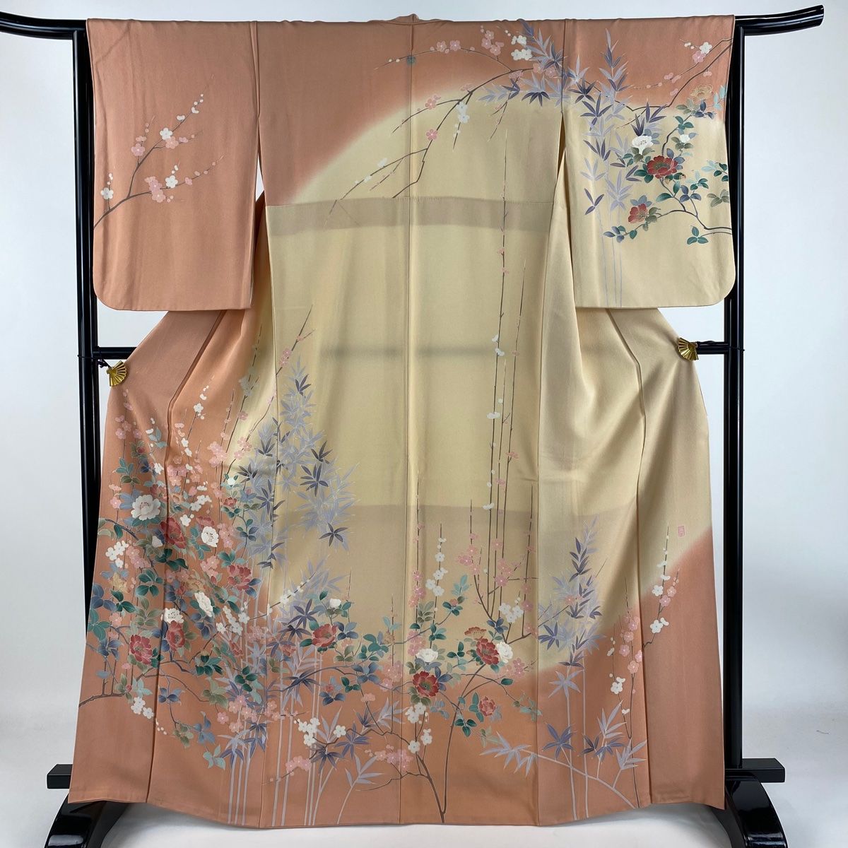 【美品】訪問着　袷　ピンク　花模様 襦袢+訪問着セット＊半衿付き襦袢地紙に四季の花々ピンク袷着物