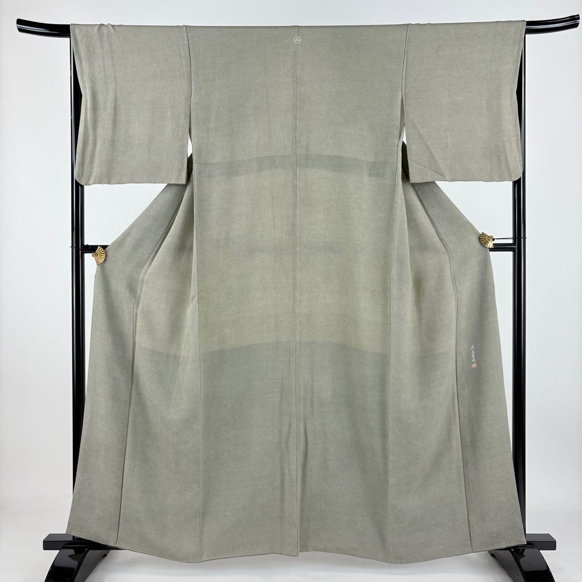 江戸小紋 身丈160cm 裄丈67.5cm L 袷 落款 鮫 縮緬 灰緑 正絹 名品 一つ紋
