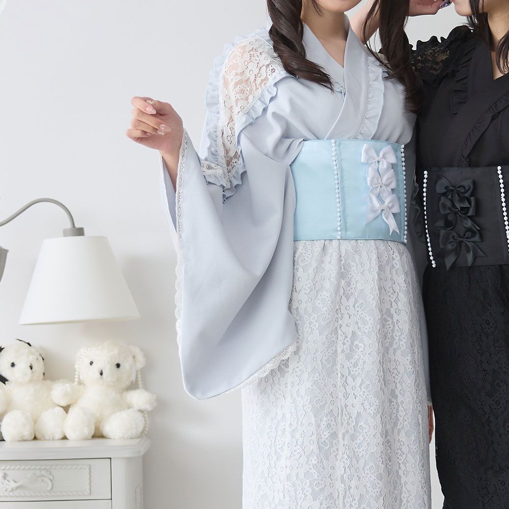 夢展望 dearmylove 肩レースフリル浴衣 サックスブルー 帯付き M 夢展望 dearmylove 肩レースフリル浴衣 サックスブルー 帯付き M
