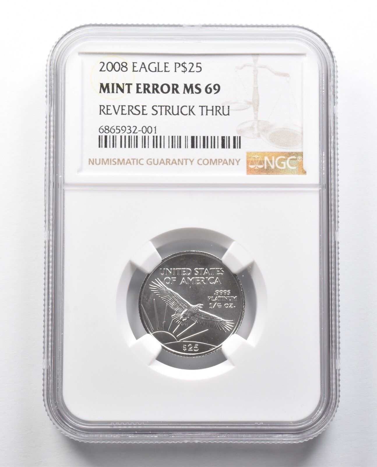 MS69 2008 $25 アメリカンプラチナイーグル ミントエラーリビジョン ストライクスルー NGC