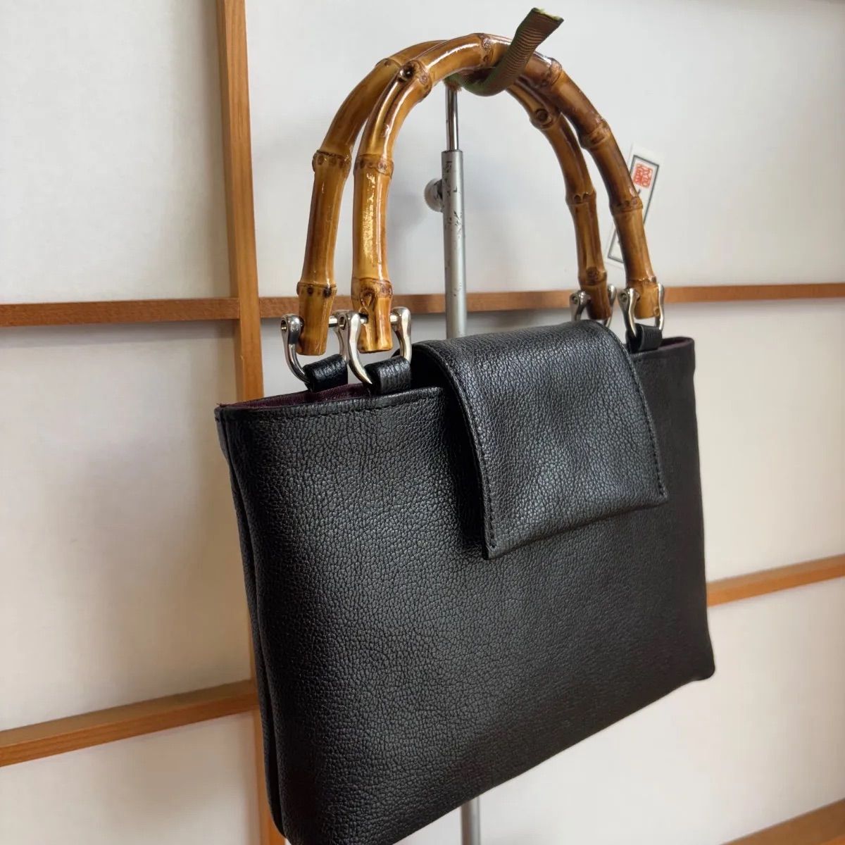 牛革シュリンク バンブー手提げ グレージュ ◆竹手バッグ神輿祭り合切袋 ◇ 牛革シュリンク バンブー手提げ ライトグレー ◇ 神輿 祭り まつり