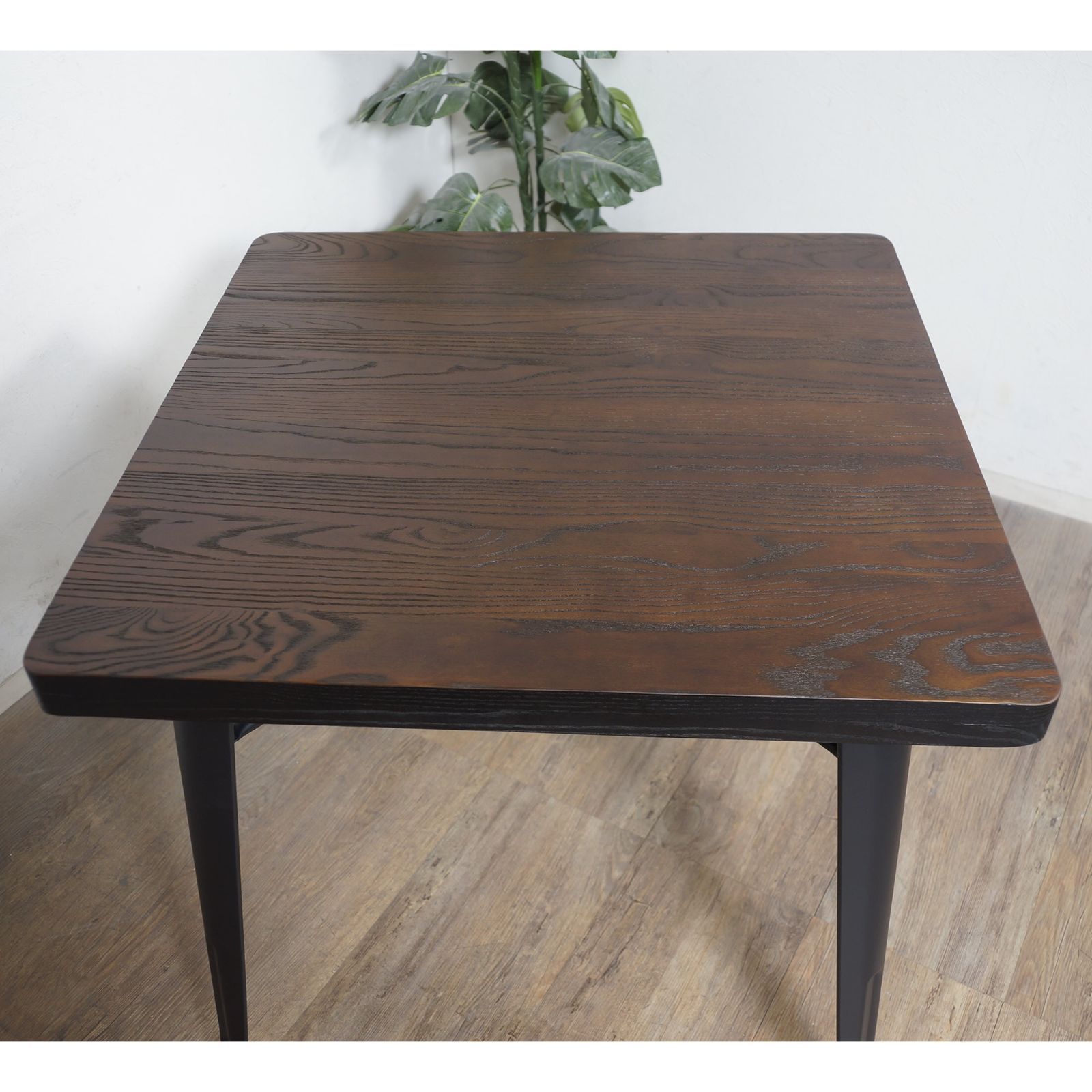 E ヴィンテージ調 ダイニングテーブル 天然木 厚み5cm マットスチール脚 80×80