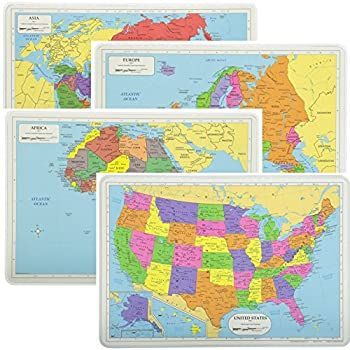 (USA Africa Asia and Europe Maps) - Painless Learning Educational Placemats Sets USA Africa Asia and Europe Maps Non Slip Washable