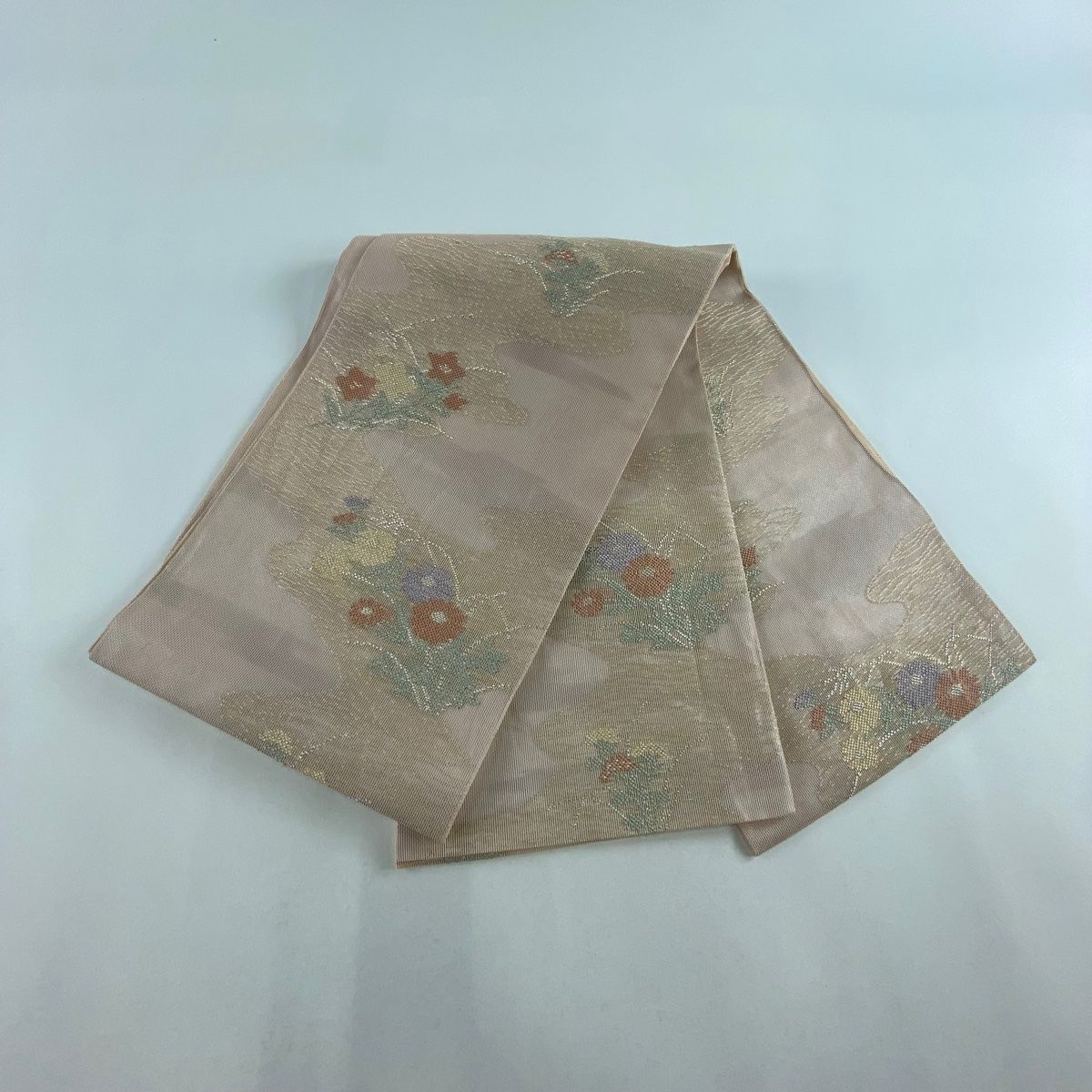 袋帯 秀品 夏帯 紗 草花 霞 金銀糸 銀彩 薄ピンク 六通 正絹