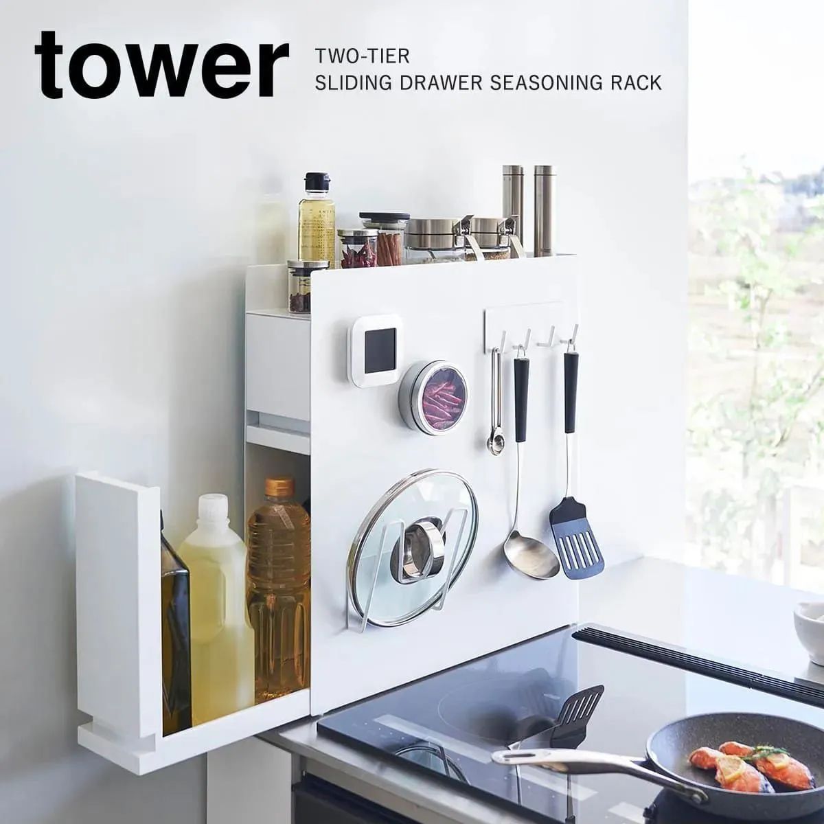 山崎実業 tower 隠せる調味料ラック タワー 2段 ブラック ホワイト タワーシリーズ 調味料ラック スパイスラック 隙間収納 引き出し 調味料置き コンロ横 コンロサイド