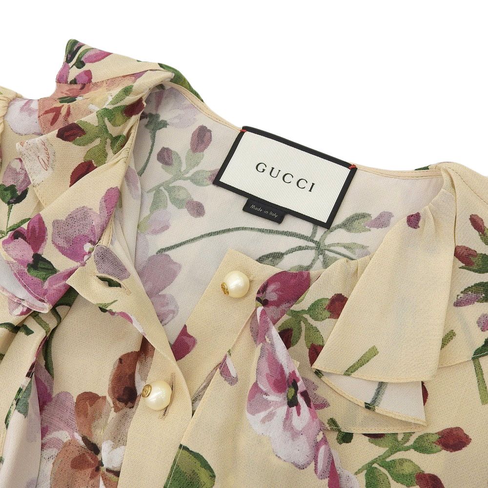 美品 グッチ シャツワンピース シルク100 ボタニカル GGパールボタン S
