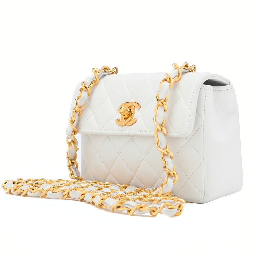 CHANEL シャネル チェーン ショルダーバッグ ミニミニマトラッセ ラムスキン 白 シングルフラップ ターンロック ゴールド金具 レディース