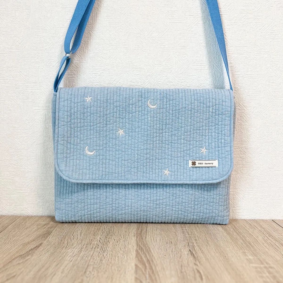 図書袋　ヌビ•ムーンスター刺繍ライトブルー×ヌビ•ライトブルー