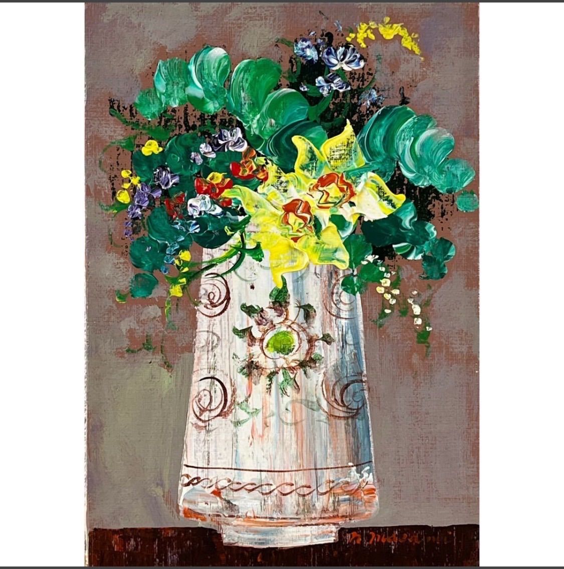 60 絵画 日本画 静物画 中村実 作 花 額縁付き 額装