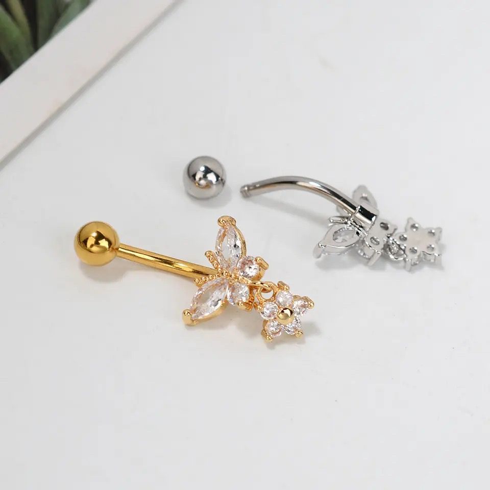224：へそピアス 14G バタフライ 蝶 ジルコン 花 フラワー