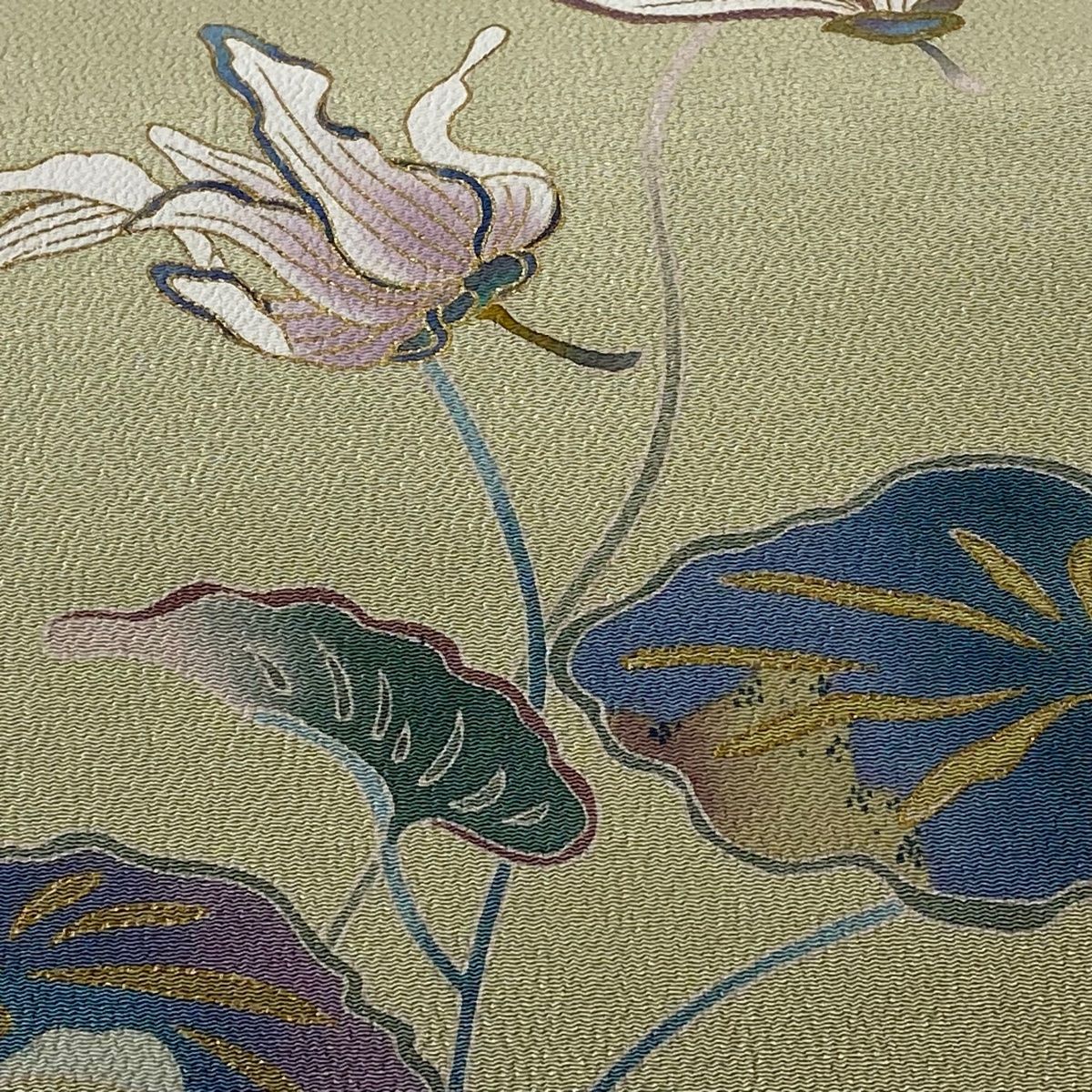 開き名古屋帯 美品 名品 落款 草花 金彩 縮緬 抹茶色 正絹