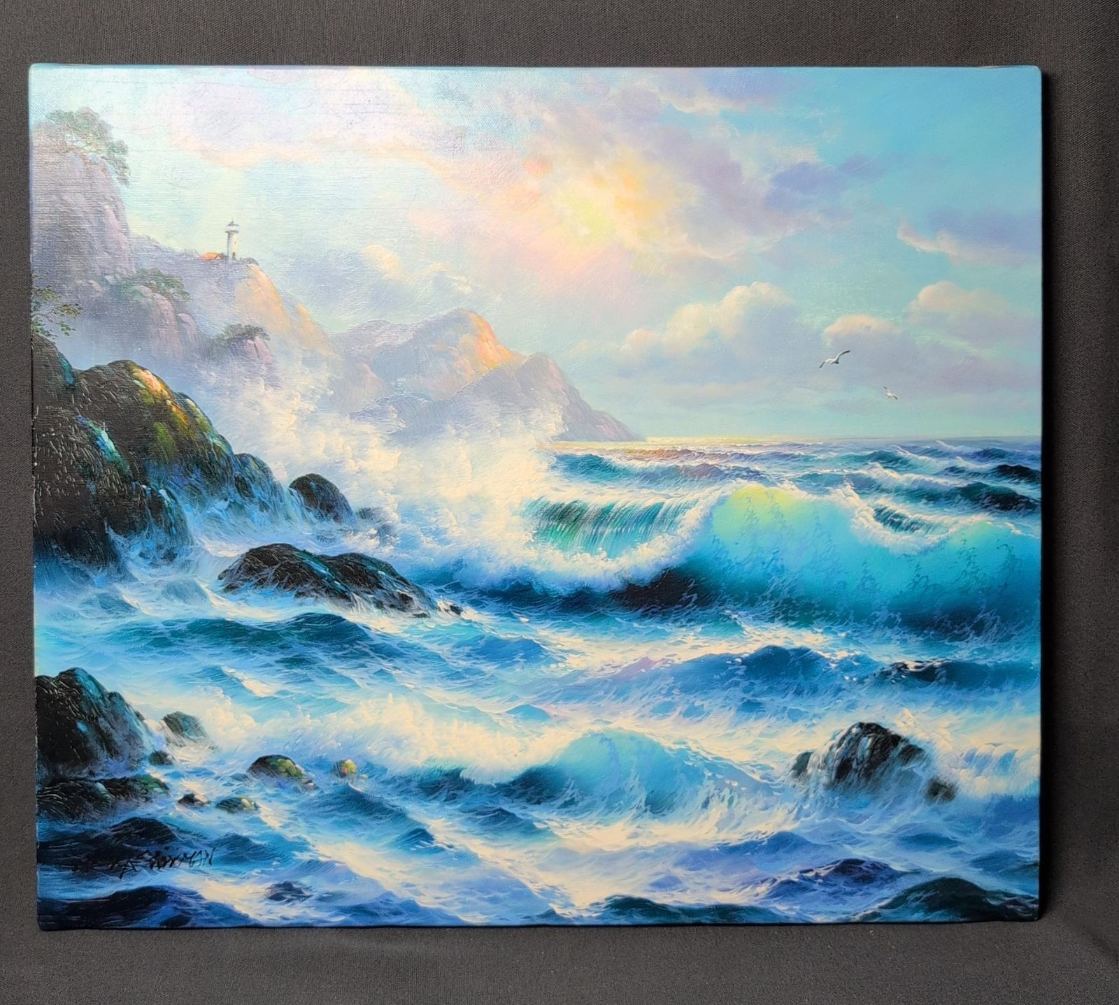 SALE海 波 油彩 配送 サイン有り 10号キャンバスのみ F10 かもめ 灯台