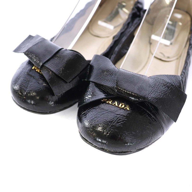 プラダ　フラットパンプス　リボン　バレエシューズ　ブラック　エナメル プラダ PRADA バレエシューズ フラットシューズシューズ