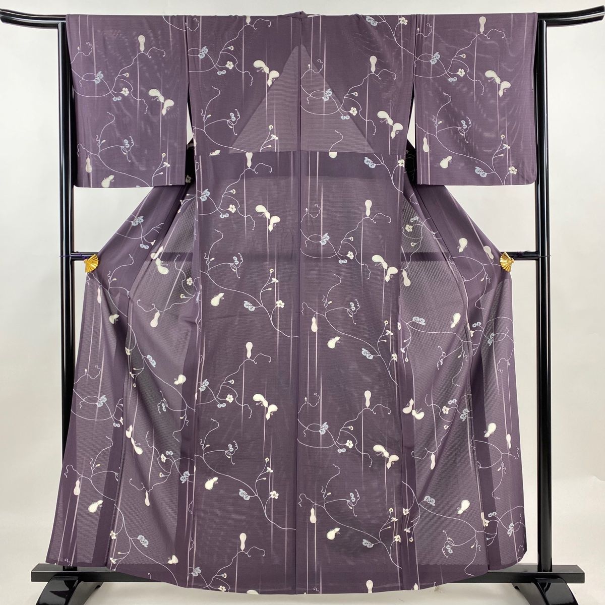小紋 身丈160cm 裄丈65.5cm M 薄物 絽 瓢箪 草花 紫 正絹 秀品