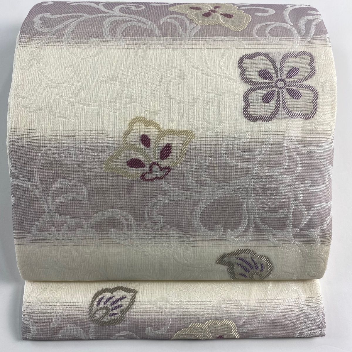 開き名古屋帯 秀品 段縞 草花 金糸 クリーム 正絹