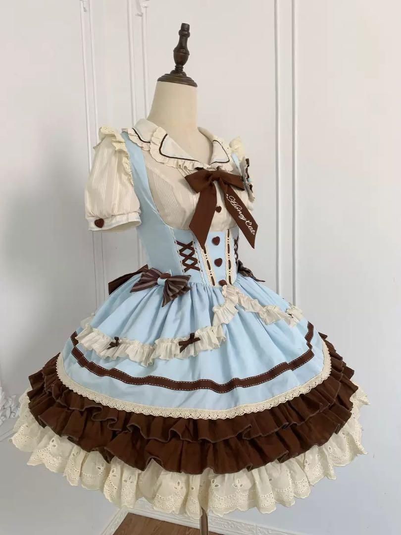 ♥ ロリータ チョコミント配色JSK♪ブラウス付き 水色×ブラウンが可愛い