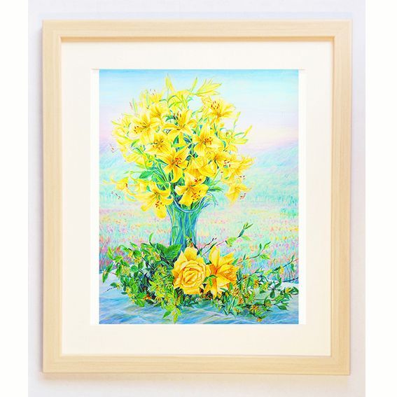 アメリカで版画化された花の絵 フラワー 版画 イエロー 黄色 ユリ バラ 