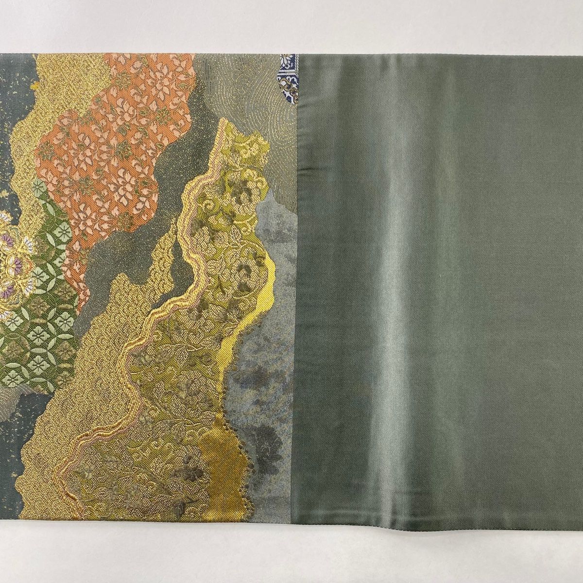 色々な 波頭 桜 やまと 袋帯 箔 正絹 六通 茶緑色 金糸 着物