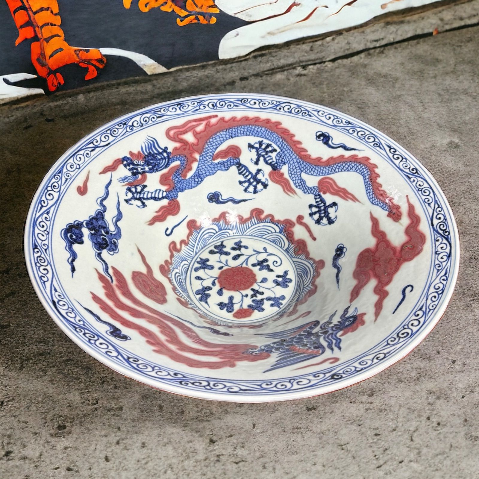 染付 大深鉢 [龍 鳳凰 雲 紋 花柄] 盛り皿 飾り皿 大皿 大鉢