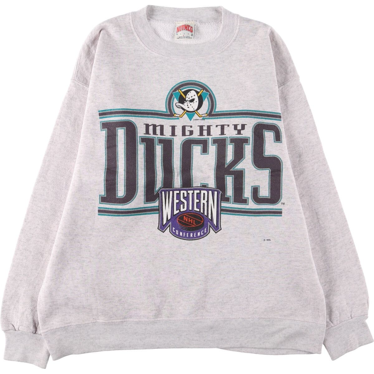 古着 90年代 ナツメグ NUTMEG NHL MIGHTY DUCKS マイティーダックス プリントスウェットシャツ トレーナー USA製 メンズL相当/eaa489788