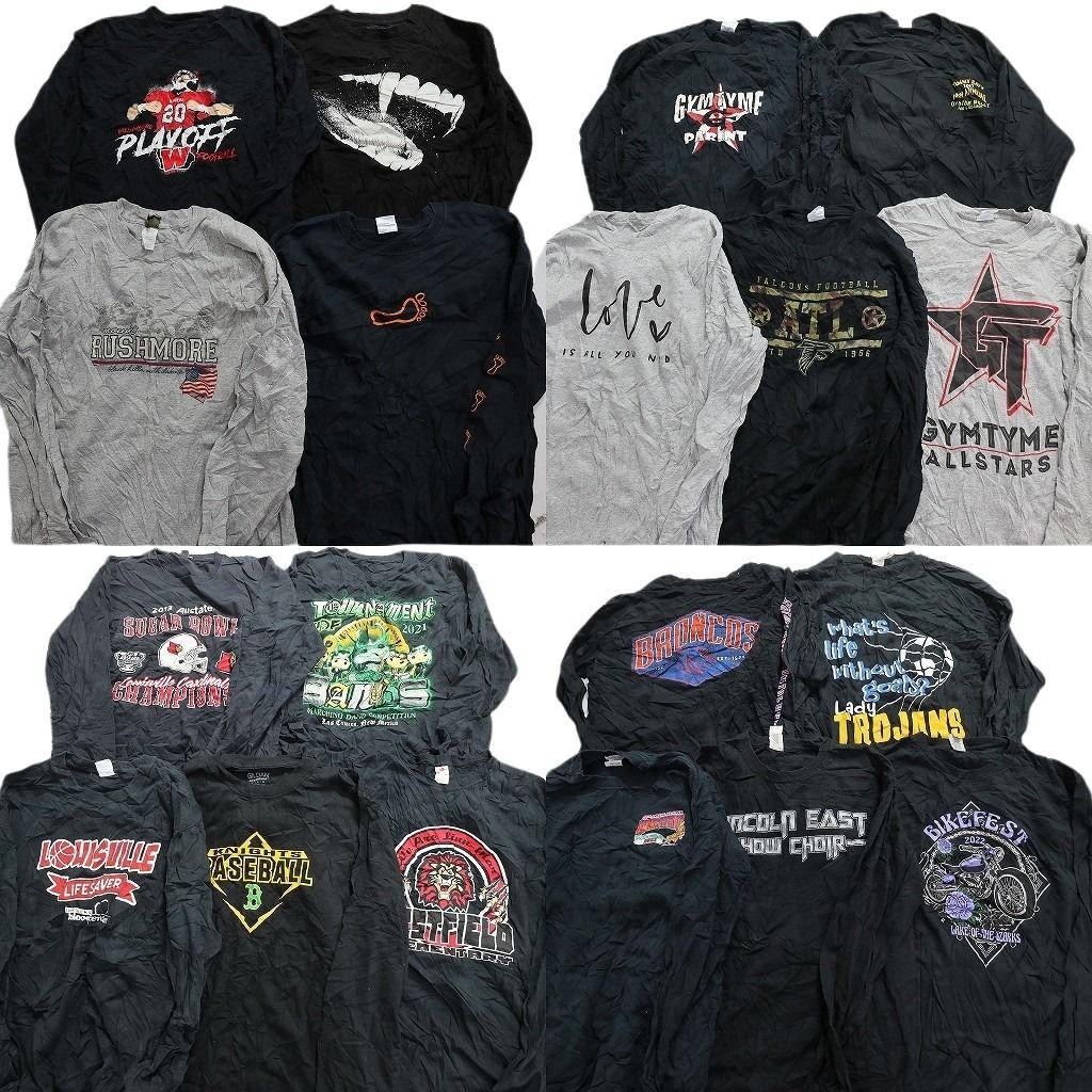 古着卸 まとめ 黒・グレー ボディ プリント 長袖Tシャツ 19枚 (メンズ M /L ) イラスト 英字プリント ワンポイント プロチーム MU7286
