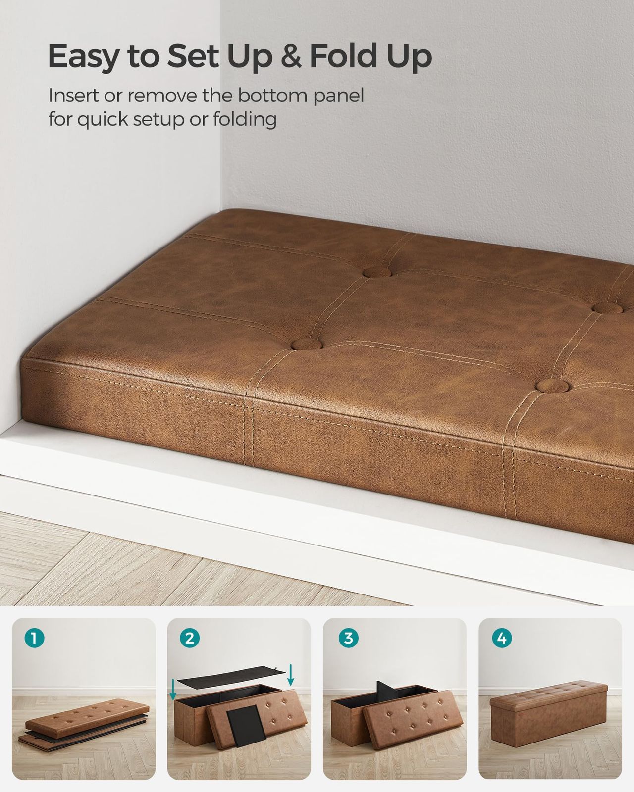 使用わずか SONGMICS Mazie コレクション - オットマン 収納 スツール 43インチ 折りたたみ式収納オットマンベンチ 収納付きオットマン フットレストスツール 耐荷重300kg リビングルーム用 合成皮革 幅110 CM ブラウン LSF070K01 全国配信早速送料無料 ！