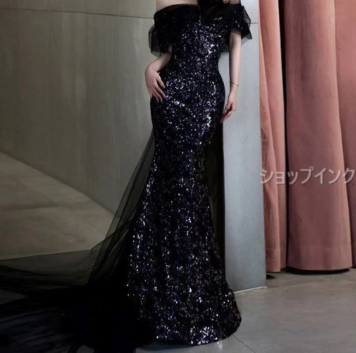 ウエディングドレス ロングドレス ブラック 半袖 結婚式 前撮り キラキラ チュール ボリューム お洒落 韓国 レディース