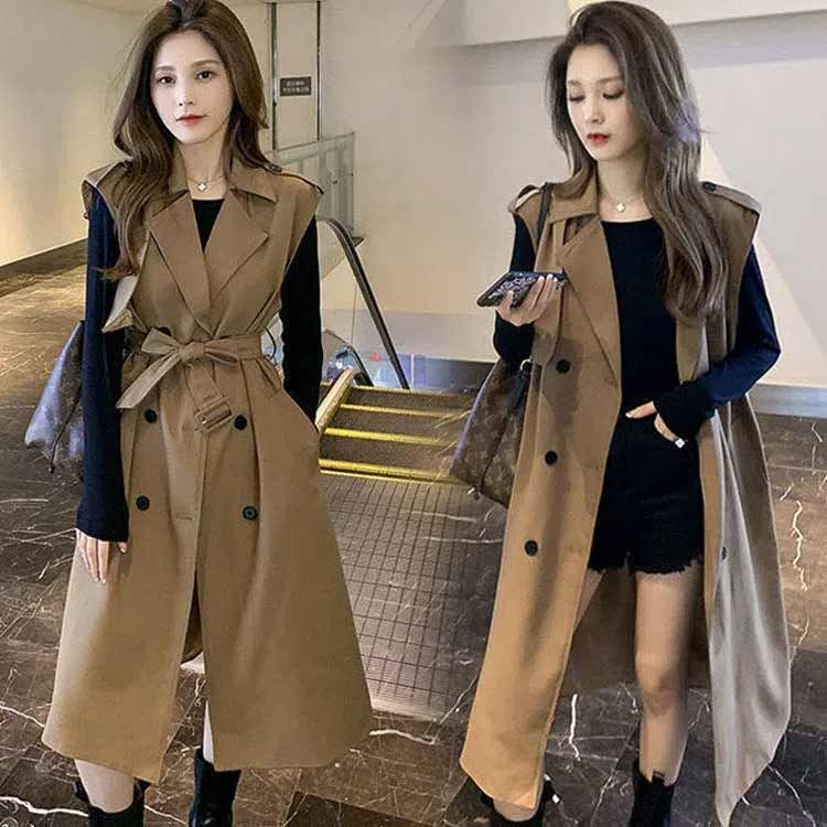 ロングノースリーブコート ロングジレ ロングコート 春 レディース ベスト ノースリーブ ロングジレ