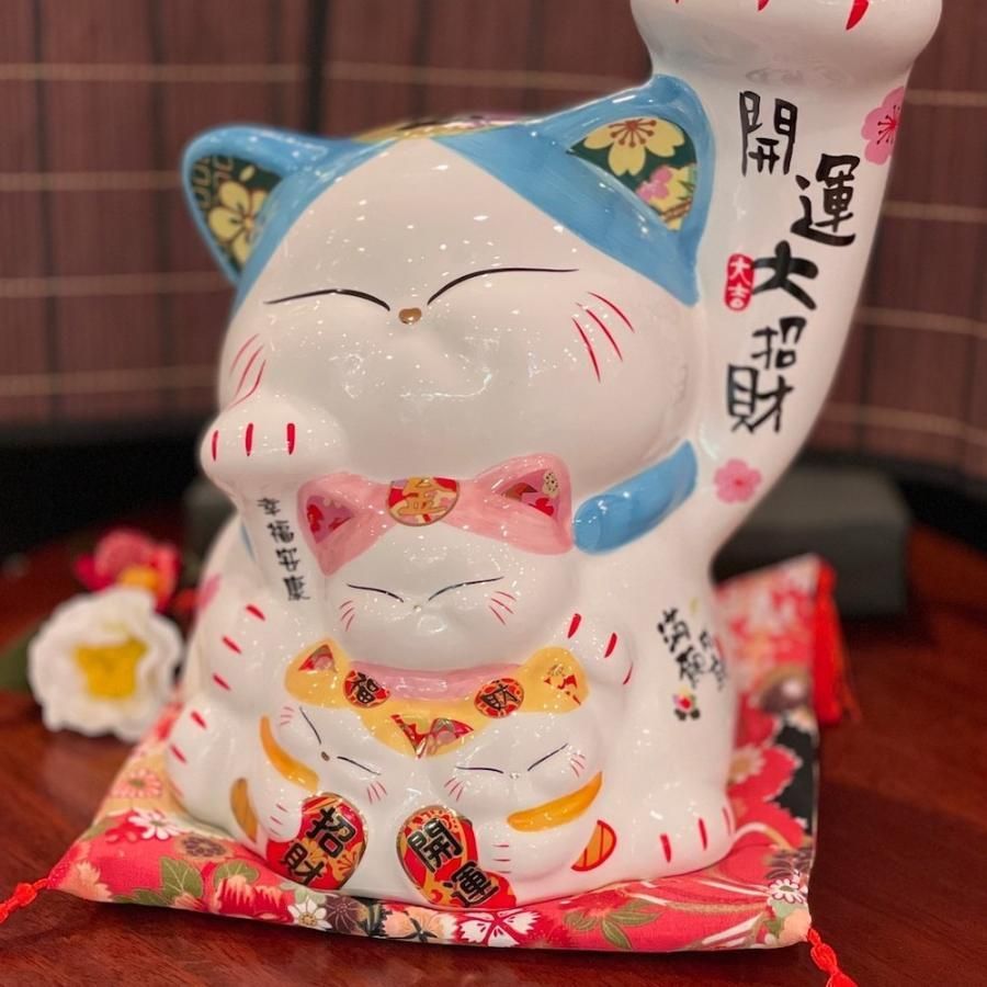 13号★大型★まねきねこ★福を招く招き猫★縁起物★座布団付き 楽天市場】招き猫 l 福づくし 小 右手 白 赤 黒 黄 日本製 陶器
