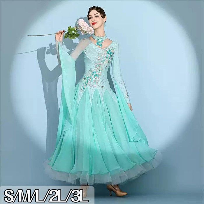 社交ダンスドレス フロート 上品 フリル モダンドレス ラインストーン ビジュー 社交ダンス衣装 長袖 大きい裾 モダン ワルツ レディース ワンピース ダンス衣装 イベント パーティー 発表会 競技用 コンクール