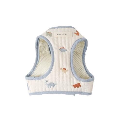 犬用 お散歩 着脱簡単 ワンタッチ サイズ調節 XL|ブルー 小型犬 お出かけ ハーネス 犬 恐竜さん柄刺繍ハーネス＋リードSET モンシェリ moncheri