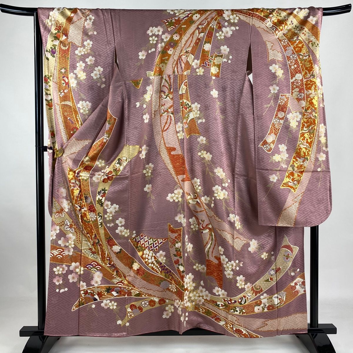 振袖 身丈158cm 裄丈67cm M 袷 束ね熨斗 花鳥 金彩 薄紫 正絹 名品