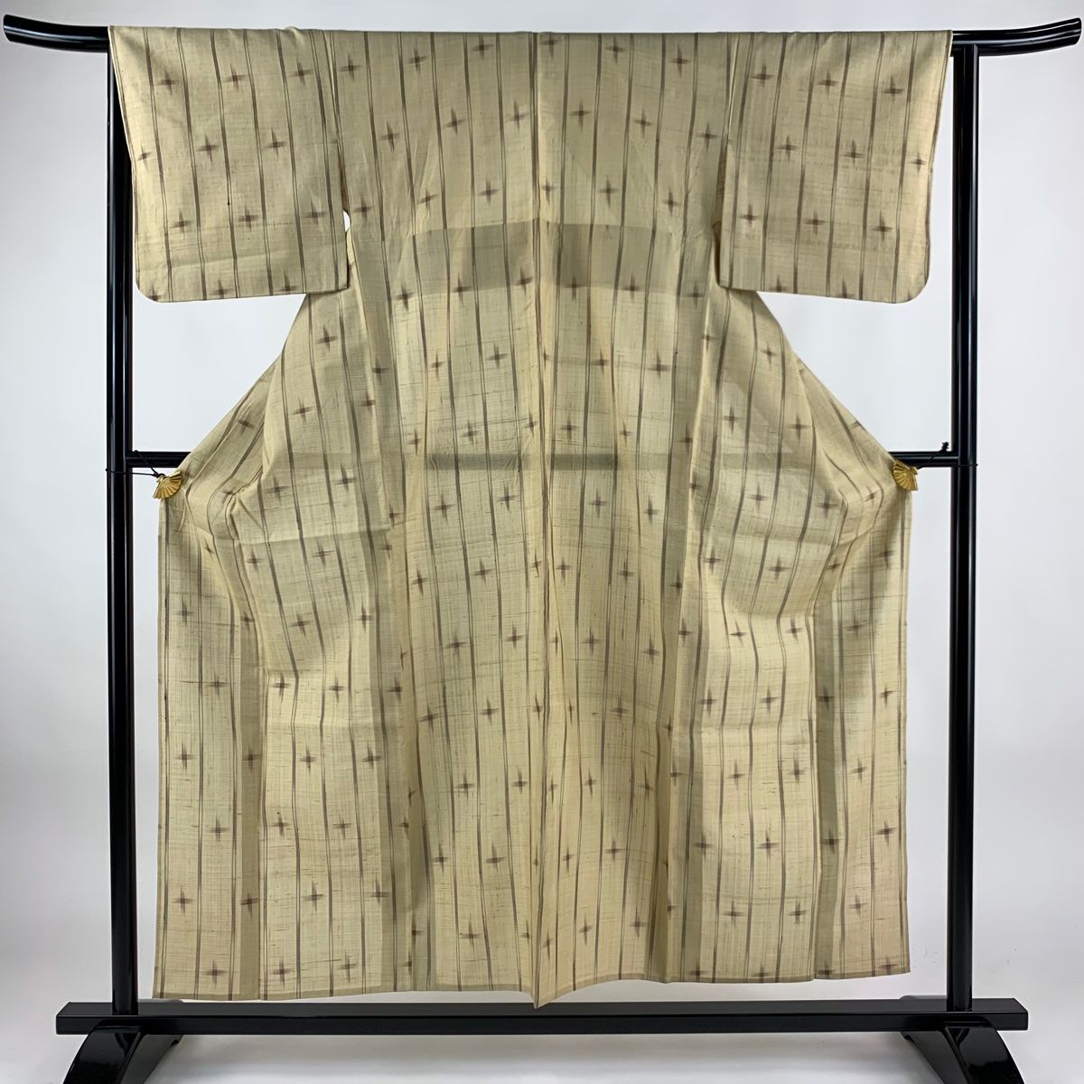 紬 身丈155.5cm 裄丈64cm M 単衣 縞 十字絣 薄茶色 正絹 秀品