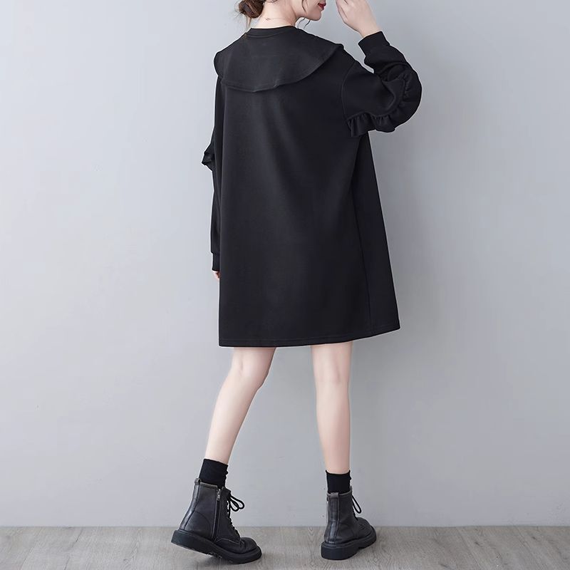 新品 2026新作 モード系　秋　ミッドレングス　Tシャツドレス　フリル　ルーズ　大きいサイズ　カジュアル　コットン　ニッチデザイン　長袖ドレス