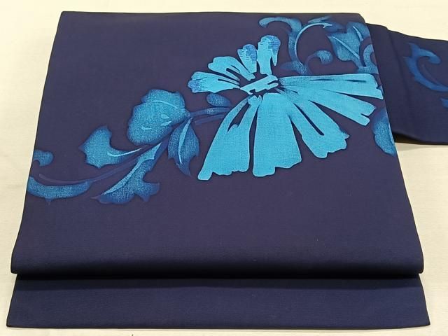 平和屋着物◎塩瀬 九寸名古屋帯 刺繍 ろうけつ染め 草花文 濃紺