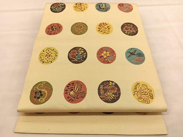 平和屋着物●本場筑前博多織　八寸名古屋帯　花鳥文　正絹　逸品　DAAT7993ob 平和屋着物◎本場筑前博多織 八寸名古屋帯 花鳥丸文 正絹 逸品 BAAU7763hv