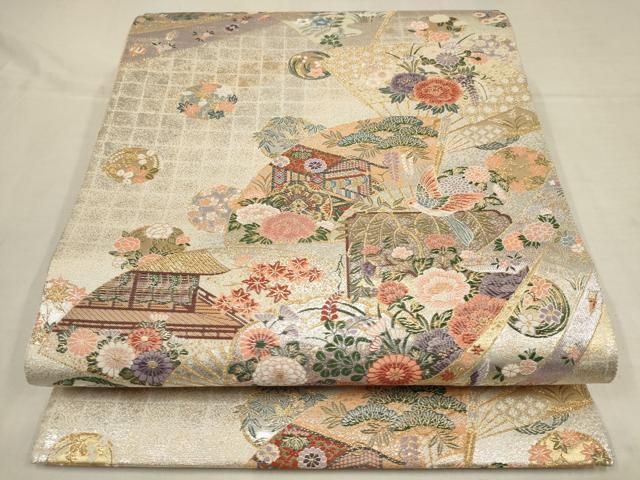 平和屋着物▽六通柄袋帯 扇面花鳥文 金銀糸 正絹 逸品