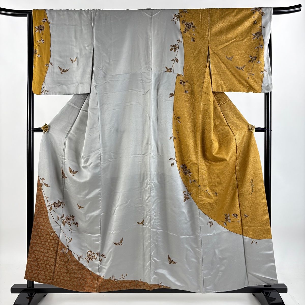 訪問着 身丈157cm 裄丈66cm M 袷 斉藤三才 落款 鳥 草花 金彩 ぼかし 灰色 正絹 秀品