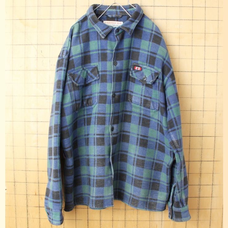 60s 70s CANADA ヘビーフランネル チェック シャツ メンズXL ブルー グリーン 長袖 アウトドア 古着　022523ss36