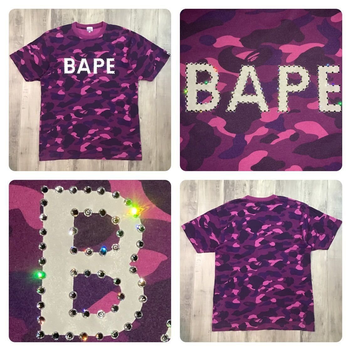 スワロフスキー BAPE logo Tシャツ Lサイズ Purple camo a bathing ape swarovski ラインストーン エイプ  ベイプ アベイシングエイプ